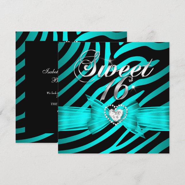 Invitation Sweet 16 Seteen Aqua Blue Black Zebra 2 (Devant / Derrière)