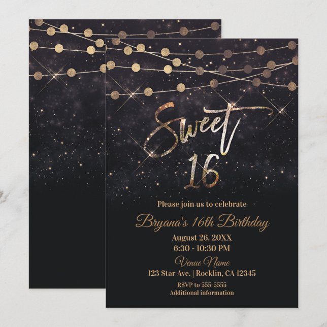 Invitation Sweet 16 Seteen Black & Gold Sparkle Lights (Devant / Derrière)