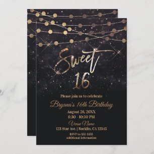 Invitation Sweet 16 Seteen Black & Gold Sparkle Lights