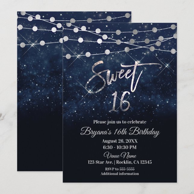 Invitation Sweet 16 Seteen Bleu et étincelle d'argent (Devant / Derrière)