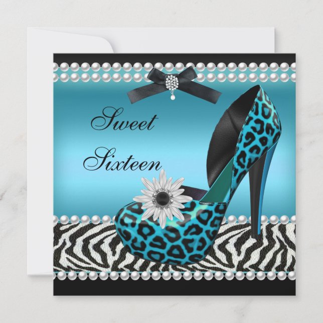 Invitation Sweet 16 Seteen Blue Black Zebra Leopard (Devant)