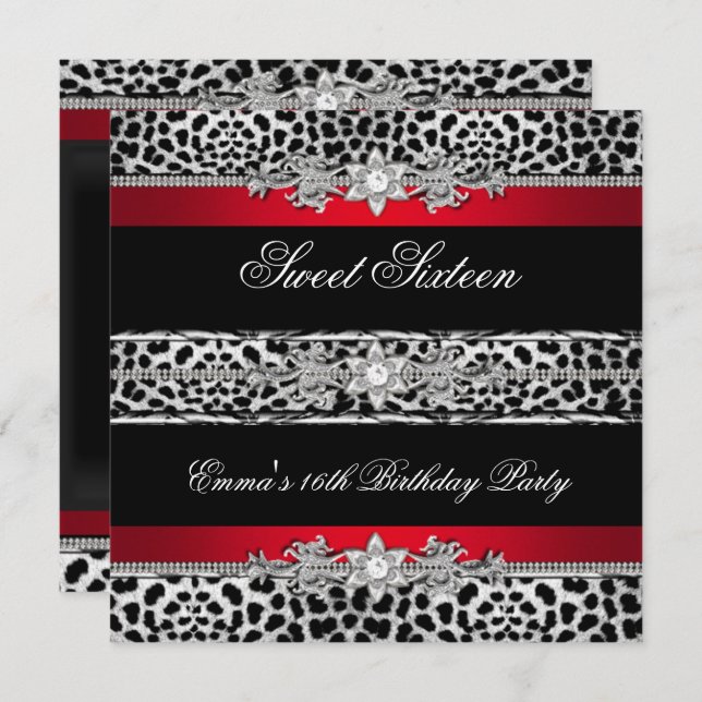 Invitation Sweet 16 Seteen Leopard Red Black Diamond (Devant / Derrière)
