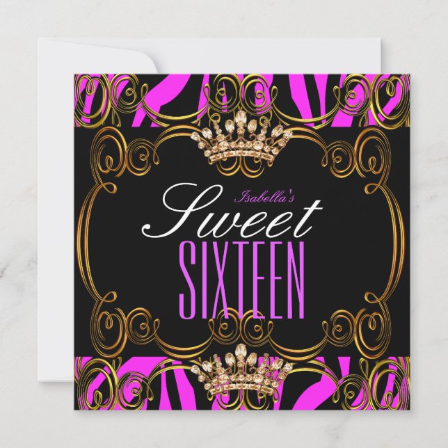 Invitation Sweet 16 Seteen Party Hot rose Bronze Tiara Zebra (Devant)