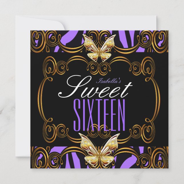 Invitation Sweet 16 Seteen Party Purple Gold Black Zebra (Devant)