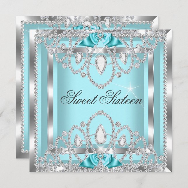 Invitation Sweet 16 Seteen Turquoise Blue Silver Diamond Part (Devant / Derrière)