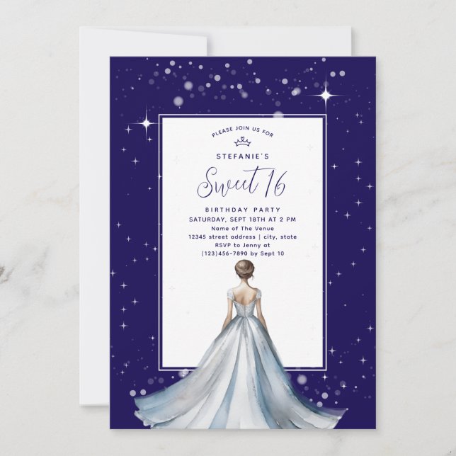 Invitation Sweet 16 Silver Ball Gown Dress Navy Blue Birthday (Devant)