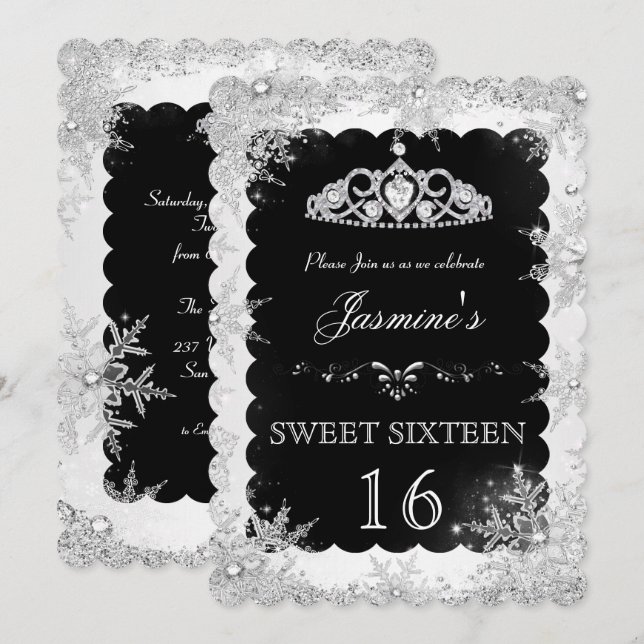 Invitation Sweet 16 Silver Black Winter Wonderland (Devant / Derrière)