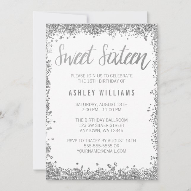 Invitation Sweet 16 Silver White Faux Parties scintillant Ann (Devant)