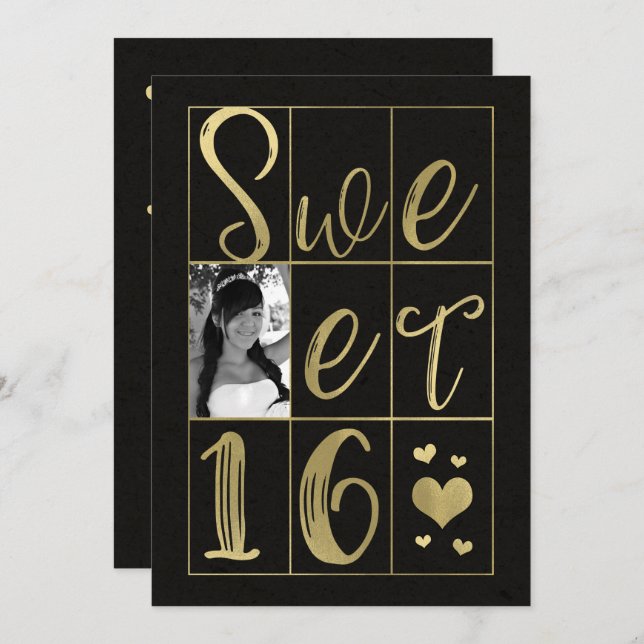 Invitation SWEET 16 SIXTEEN Gold & Black Hearts Photo (Devant / Derrière)