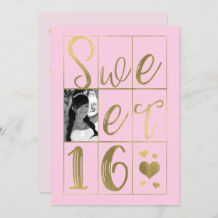 Invitation SWEET 16 SIXTEEN Gold & Blush Pink Hearts Photo
