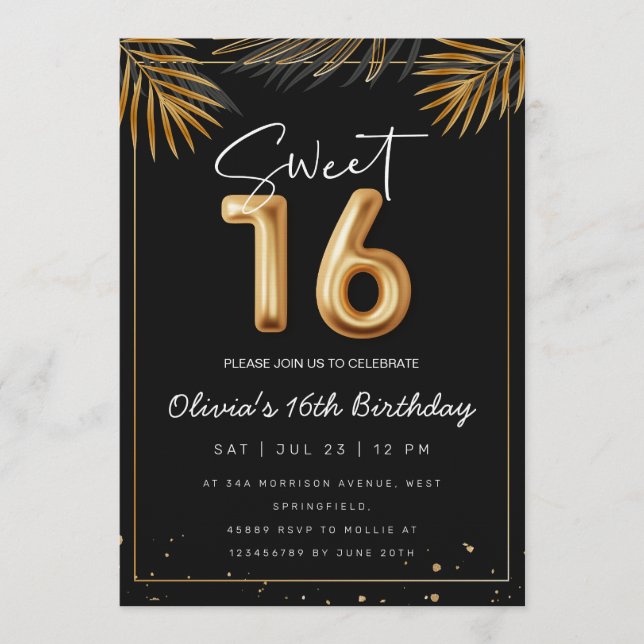 Invitation Sweet 16 Sixteenth With Golden Tropical Leaves (Devant)