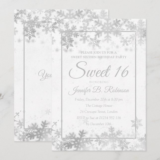 Invitation Sweet 16 Snowflakes en argent pour l'anniversaire (Devant / Derrière)