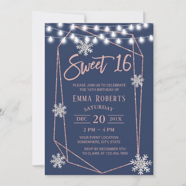 Invitation Sweet 16 Snowflakes Géométrique Rose Gold Navy Ble (Devant)
