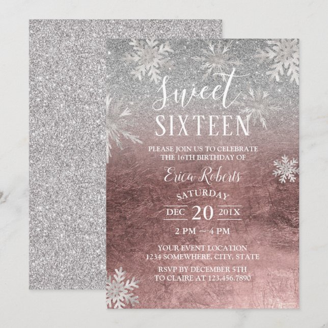 Invitation Sweet 16 Snowflakes Rose Gold & Silver (Devant / Derrière)