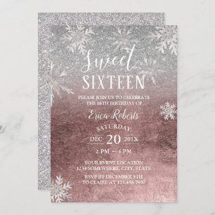Invitation Sweet 16 Snowflakes Rose Gold & Silver
