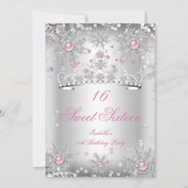 Invitation Sweet 16 Snowflakes rose Silver Winter Wonderland (Devant)