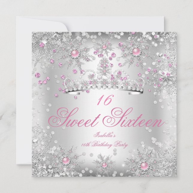 Invitation Sweet 16 Snowflakes rose Silver Winter Wonderland (Devant)
