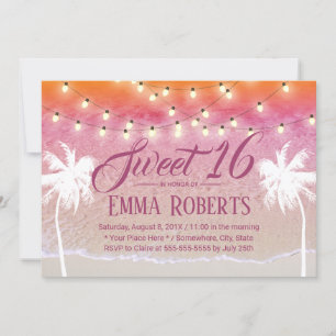 Invitation Sweet 16 String Lights Pink Beach Palm Trees