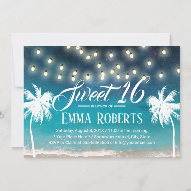 Invitation Sweet 16 String Lights Summer Beach Palm Trees (Devant)