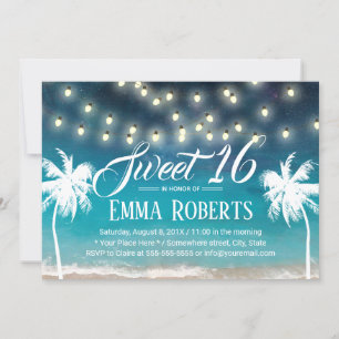 Invitation Sweet 16 String Lights Summer Beach Palm Trees