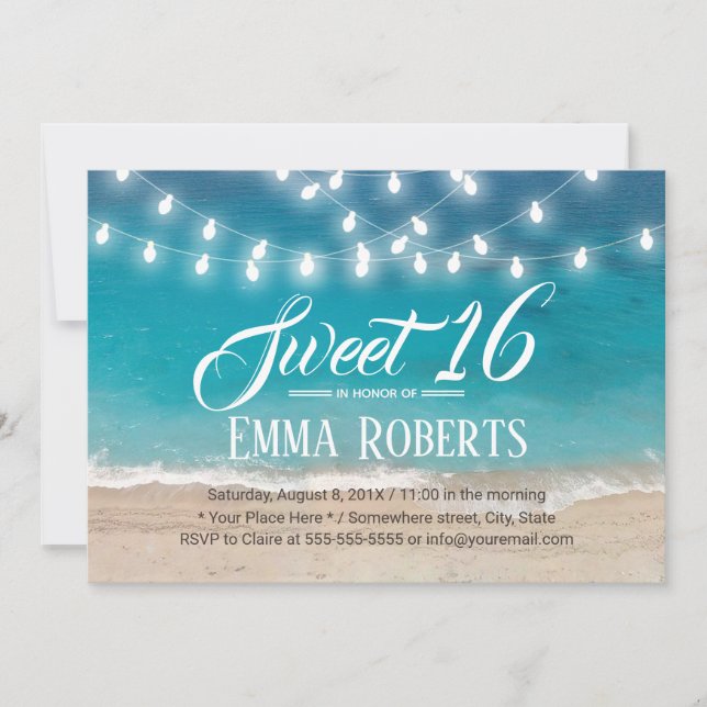 Invitation Sweet 16 Summer Beach & String Lights (Devant)