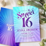 Invitation Sweet 16 Super bleu violet dégradé Retro Boho<br><div class="desc">"Joyeux 16 Anniversaire". Envoyez cette cool boho retro, invitation de fête personnalisée pour un événement à se souvenir. Une typographie violette et bleu marine amusante, tendance et audacieuse, avec une typographie sans serif moderne, recouvre un arrière - plan de rayons bleu clair turquoise et violet foncé avec des points blancs....</div>
