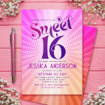 Invitation Sweet 16 Super rose orange rayé Retro Boho<br><div class="desc">"Joyeux 16 Anniversaire". Envoyez cette cool boho retro, invitation de fête personnalisée pour un événement à se souvenir. Une typographie rose et violette foncée et amusante, tendance et audacieuse, avec une typographie sans serif moderne, recouvre un arrière - plan de rayons orange pop et vert foncé avec des points blancs....</div>
