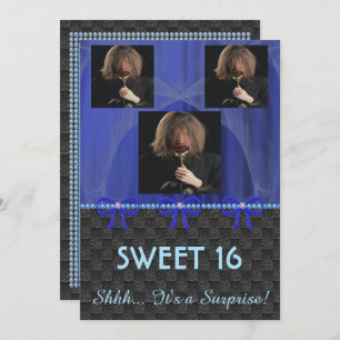 Invitation Sweet 16 Surprise Party Blue Soie & Perles & photo