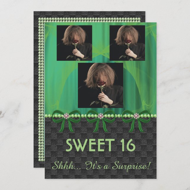 Invitation Sweet 16 Surprise Party Green Soie & Perles & phot (Devant / Derrière)