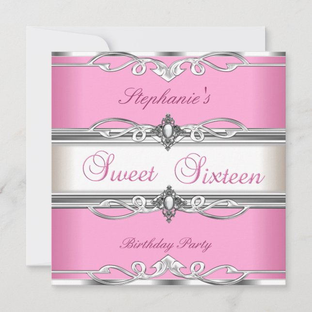 Invitation Sweet 16 sweet sixteen Anniversaire fête Pink Silv (Devant)