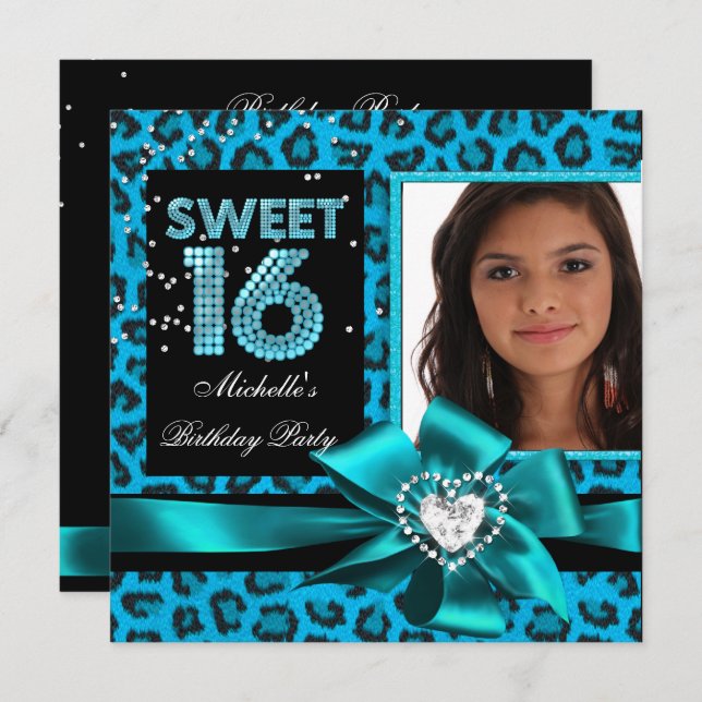 Invitation Sweet 16 Sweet sixteen Blue Leopard Photo (Devant / Derrière)