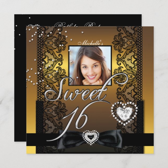 Invitation Sweet 16 Sweet sixteen Gold Black dentelle photo (Devant / Derrière)