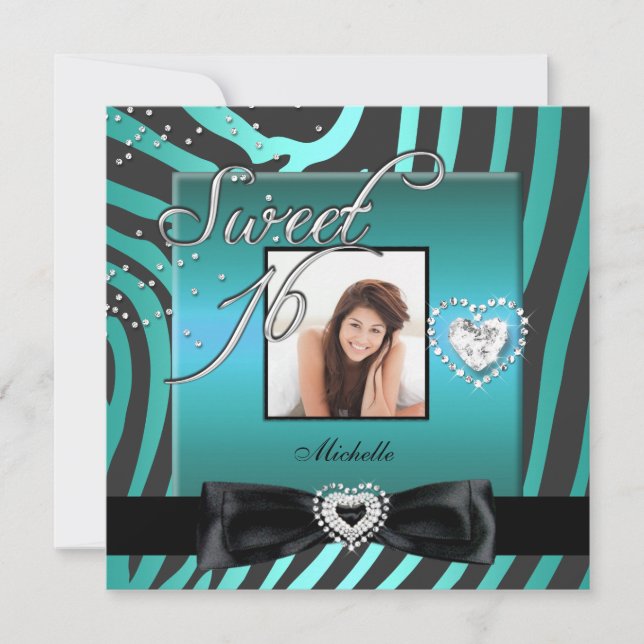 Invitation Sweet 16 Sweet sixteen Turquoise Black Zebra Photo (Devant)