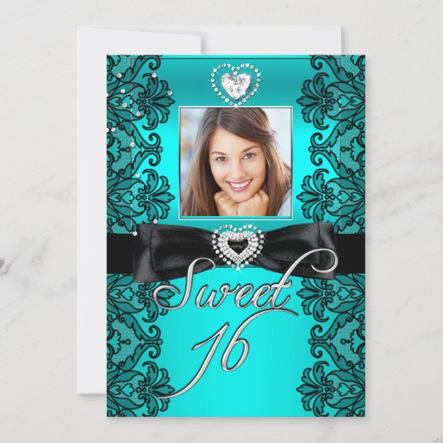Invitation Sweet 16 Sweet sixteen Turquoise noir dentelle pho (Devant)