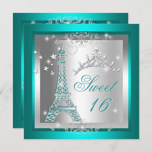 Invitation Sweet 16 Sweet sixteen Turquoise Tour Tiara Eiffel (Devant / Derrière)