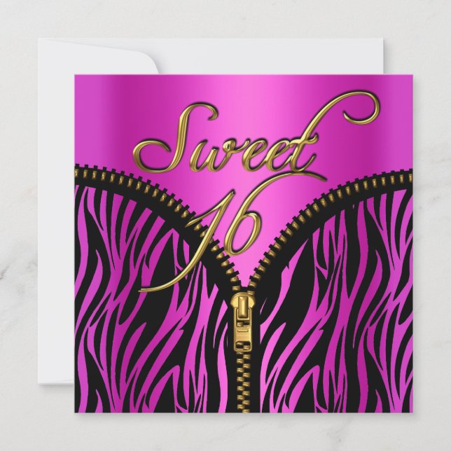 Invitation Sweet 16 Sweet sixteen Zebra Hot rose Or Noir (Devant)