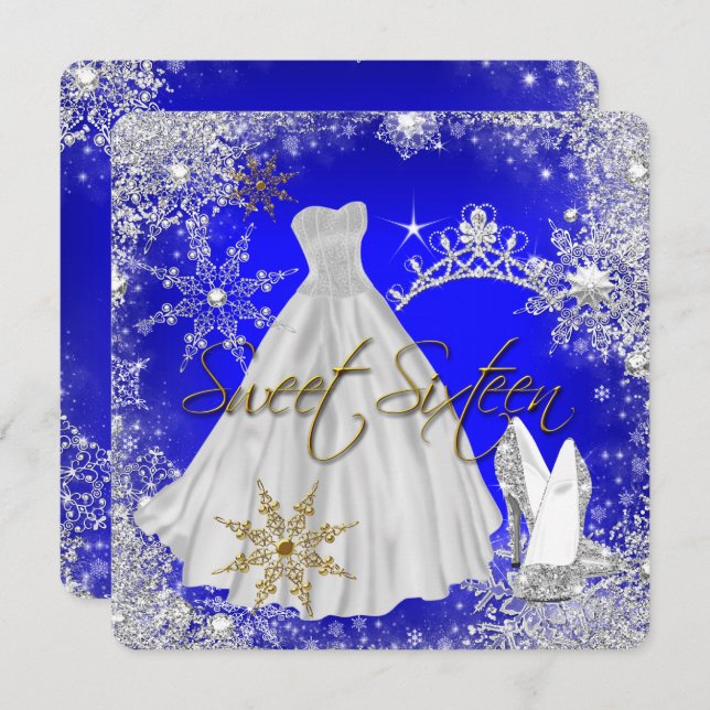 Invitation Sweet 16 Sweets sixteens Royal Blue White Snowflak (Devant / Derrière)