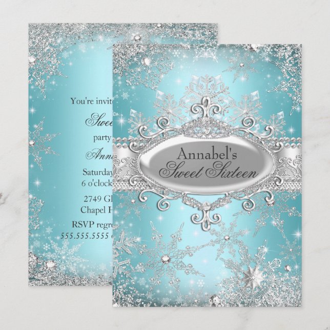 Invitation Sweet 16 Teal Princess Winter Wonderlan (Devant / Derrière)