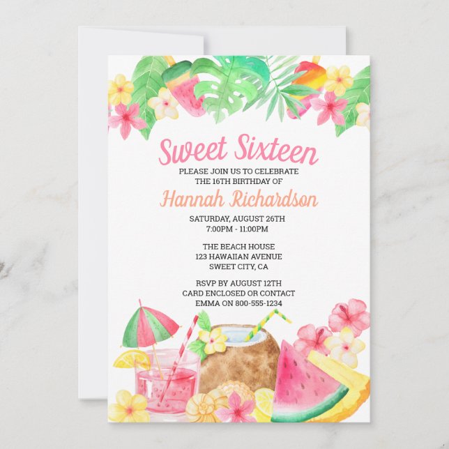 Invitation Sweet 16 thème hawaïen Aquarelle Luau Party (Devant)