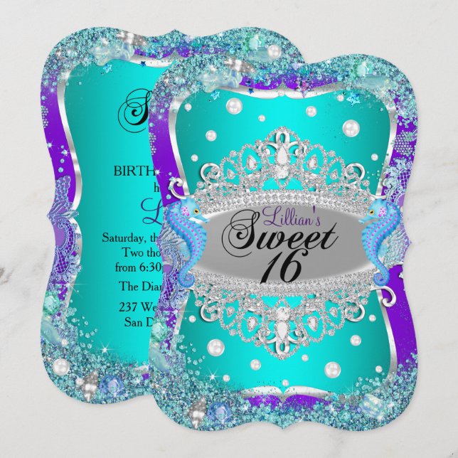 Invitation Sweet 16 Tiara Violet Bleu Sous L'Océan (Devant / Derrière)