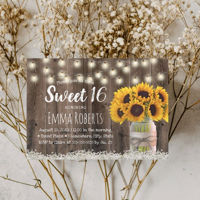 Invitation Sweet 16 Tournesol Rustique Floral Jar Barn Bois (Créateur téléchargé)