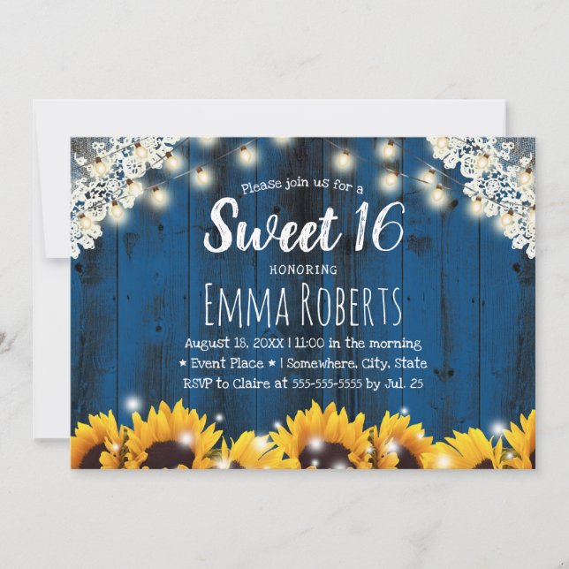Invitation Sweet 16 Tournesols Rustiques Lights dentelle Ligh (Devant)