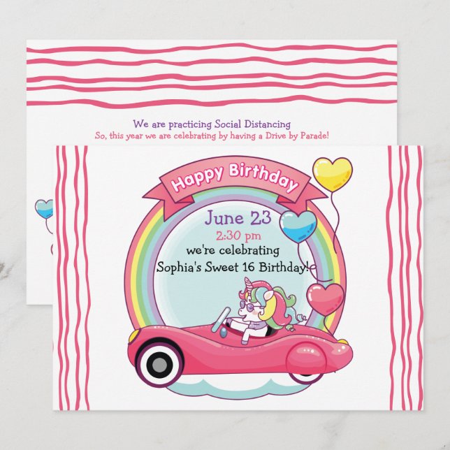 Invitation Sweet 16 Trendsetter Unicorn Anniversaire Parade (Devant / Derrière)