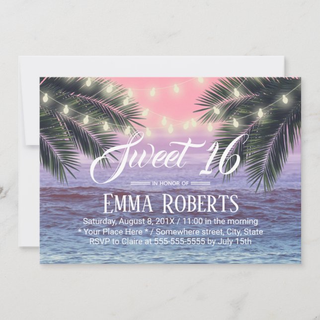 Invitation Sweet 16 Tropical Palm Tree Beach Lights (Devant)
