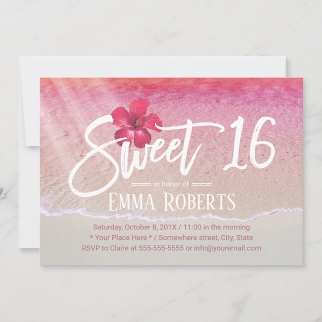 Invitation Sweet 16 Tropical Pink Beach Red Flower (Devant)