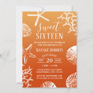 Invitation Sweet 16 Tropical Sunset Beach Starfish & Seashell