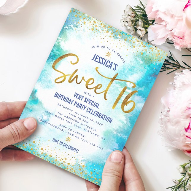 Invitation Sweet 16 Turquoise Aquarelle Or Anniversaire Moder (Créateur téléchargé)