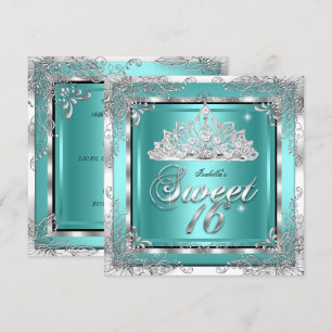 Invitation Sweet 16 Turquoise Argent Diamant Diadème Fête