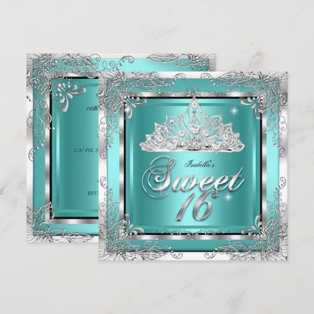 Invitation Sweet 16 Turquoise Blue Silver Diamond Tiara Party (Devant / Derrière)