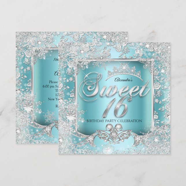 Invitation Sweet 16 Turquoise Blue Silver Tiara Winter Wonder (Devant / Derrière)
